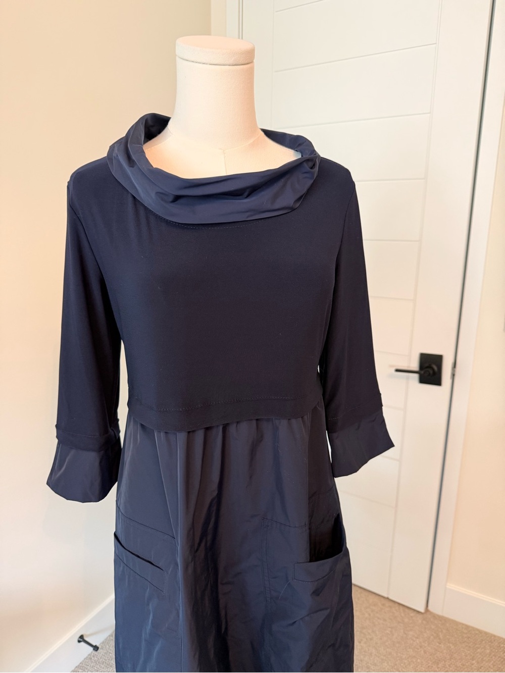 Joseph Ribkoff Navy Blue Long Sleeve Cowl-Neck Dress - Picture 2 of 12